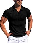 Gnvviwl Men's Muscle V Neck Polo Shirts Slim Fit Solid Short Sleeve Cotton Golf T-Shirts Ribbed Knit Soft Tees Black