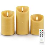 Fanna 3 Yellow Real Wax Flameless LED Candles with Remote in Rustic Design, Battery Operated Pillar Candles with Timer for Autumn and Harvest, Batteries Included - H4/5"/6"