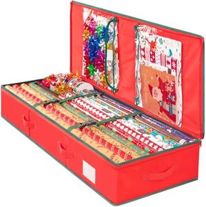 Criusia Christmas Gift Wrapping Paper Organizer Storage, Durable Underbed Storage Container Fits 24 Rolls, with Removable Dividers and Pockets for Ribbon, Ornaments, Holiday Accessories, Red