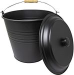 12 Litre Black Metal Ash Bucket - Wooden Handle Fireplace Container Coal Storage, Wooden Handle & Lid Handle | Log Holder | Living Room, Fireplace, Fire Pit Wood Burning Stove Bin, Includes Lid