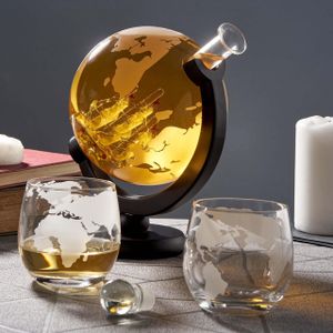 Oak & Steel Large Globe Whiskey Decanter Set – 1500ml with 2 Glasses, Stones & Stand – Gift for Men