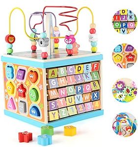 Qilay Wooden Activity Cube for Toddlers 1-3 (Large), 5 in 1 Multipurpose ABC-123 Abacus Bead Maze Shape Sorter | Early Educational Toy for Toddlers - First Birthday Gifts for Boys Girls