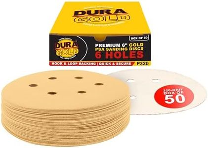 Dura-Gold Premium 320 Grit 6" Gold Sandpaper Discs, 6 Hole Pattern Dustless, Box of 50 - Hook & Loop Backing for DA Sander, Finishing Fine Cut Sanding Abrasive Automotive Paint, Woodworking Wood Metal