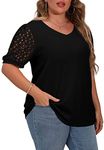 OLRIK Plus Size Tops for Women Summer Dressy Casual Blouse Lace Short Sleeve Waffle Knit Shirts Black-3X