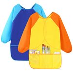 Cozlly 2PCS Kids Art Aprons for Age 7-12 Years Girls Boys, Kids Art Smock Toddler Children, Artist Painting Aprons Long Sleeves with 3 Pockets, Waterproof Play Apron for Painting, Craft, School (A)