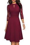 HOMEYEE Women's Elegant Hollow Out Lace Sleeve Swing Pleated Party Cocktail Dress A234 (M, Burgundy)