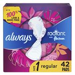 Always, Radiant With FlexFoam Pads For Women, Size 1, Regular Absorbency With Wings, Light Clean Scent, 42 Count