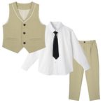 LOLANTA Boys' 4-Piece Formal Suit, Single-Breasted Waistcoat Set for Specail Events Halloween Christmas (Khaki, 8-9 Years)