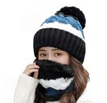 Alexvyan Twist Color Winter Very Soft Warm 1 Set Snow Proof Knitted Ball Cap (Inside Fur) Woolen Beanie Cap + Neck Muffler Scarf Set for Ladies Women Girl (Black)