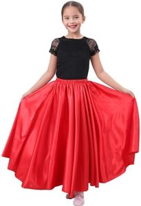 Long Full Ankle Length Satin Flowy Folkloric Latin Belly Dance Umbrella Skirt for Girls 8-12 Years (Red)