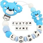 Dummy Clips Personalised Name for Boys Girls Soother Chain Teddy Bear Customized Pacifier Holder(Blue)