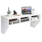 COSTWAY Wall Mounted Computer Desk, Wood Floating Laptop Table Writing Workstation with 3 Storage Compartments, Space Saving Home Office Desk Hanging Table for Bedroom Living Room, 108x52x53cm (White)