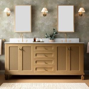 Royal Bath 72 Inch Double Sink Bathroom Vanity, Solid Wood Frame, Light Oak
