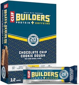 CLIF Builders + Caffeine - Chocolate Chip Cookie Dough Flavor - Plant Based Protein Bars - Gluten Free - Non-GMO - Low Glycemic - 20g Protein - 2.4 oz. (12 Count)