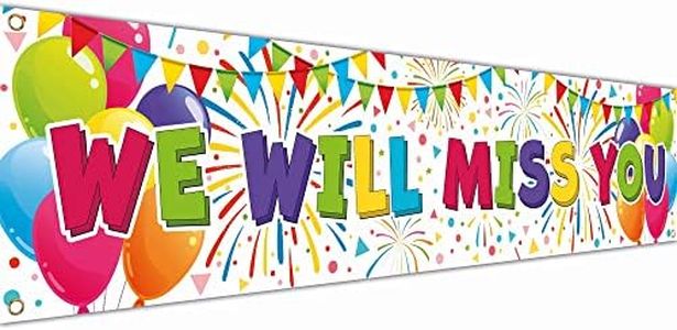 We Will Miss You Banner,Banner e decorazione di Good Luck,Sorry Your Leaving decorazioni,180x40 cm con 4 fori in ottone,Stampa digitale vivido,Poliestere spesso 110 denari,Doppia cucitura