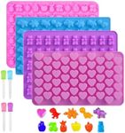 4 Pack Silicone Gummy Bear Candy Molds with 4 PCS Droppers, DIY Non-stick Silicone Ice Cubes Jelly Chocolate Molds Including Mini Dinosaur, Bear Shape, Hearts and Mini Fruits for Kids