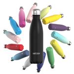 WATERSY Stainless Steel Insulated Water Bottle, Double Walled Metal Vacuum Flask Keep 24 Hrs Cold & 12 Hrs Hot Thermal Metal Sports Bottles 500ml BPA Free for Outdoor, Work, Gym, School (Black)