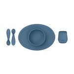 ezpz First Food Set - 100% Silicone Suction Bowl with Built-in Placemat, Training Cup & Spoon (Indigo)