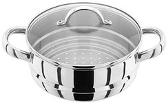 Judge Steamers JX12 Stainless Steel Steamer Insert or Colander with Toughened Glass Lid to fit 16cm 18cm or 20cm pan, Oven Safe, Dishwasher Safe - 25 Year Guarantee