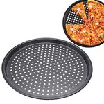 Pizza Pan, Perforated Non-Stick Carbon Steel Pizza Tray, Black, 12-Inch Round Baking Tray with Holes for Home Kitchen