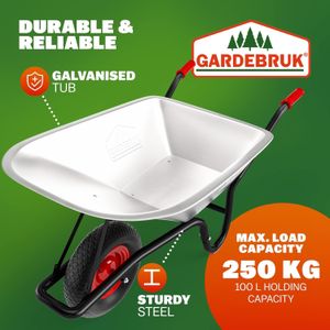 GARDEBRUK Heavy Duty Wheelbarrow 100L – Pneumatic Tyre, 250kg, Steel Rim, Silver/Red