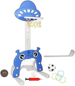 Ansobea Panier de basket-ball pour enfants - 4 en 1 - Panier de basket-ball pour enfants - Hauteur réglable - But de football et jeu de lancer pour tout-petits - Jouet de sport d'intérieur et, Bleu