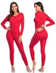 COLORFULLEAF Women's Cotton Thermal Underwear Union Suits Long Onesie Pajamas Base Layer, Butt Flap PJ's Loungewear(Red,XL)