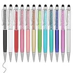 MengRan Cute Pens with Stylus Tip, 2 in 1 Black Ink Ballpoint Pens and Slim Crystal Stylus Pens for Touch Screens(12 colors)