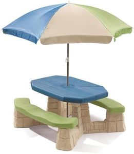 Step2 Naturally Playful Kids Picnic Table With Umbrella, Durable Indoor/Outdoor Toys, Seating for 6 Children, Ages 3+ Years Old, Blue & Green