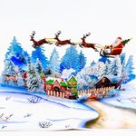 Three Dee Cards Night Before Christmas 3D Pop-Up Card: Enchanting Santa Claus Sleigh Ride Over Snowy Village Landscape for Memorable Holiday Wishes