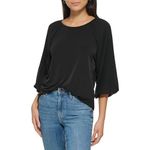 Calvin Klein Women's Loose Fitted Matte Jersey Mixed Media Lantern Sleeve Blouse, Black, X-Large