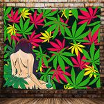 Trippy Weed Tapestry, Psychedelic Marijuana Leaf Tapestries for Bedroom Aesthetic, Hippie Abstract Naked Girl Wall Hanging Tapestry Beauty Tapestry for Living Room Apartment Dorm Home Decor, (60X40)