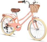 Glerc 20 Inch Beach Cruiser Bike, 6-Speed Hybrid City Bicycle for Girls Youth and Over 6 Years Old, Missy Bike with Wicker Basket & Lightweight, Peach