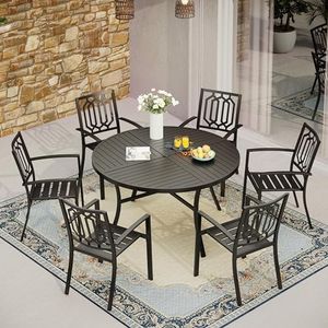 MFSTUDIO 7 Pieces Metal Patio Dining Set, 54" Round Iron Table with 1.75" Umbrella Hole and 6 Stackable Outdoor Metal Mesh Chairs, Hexagon Pattern