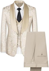 Allthemen Costume 3 pièces Homme Paisley Tuxedo Jacquard Slim Fit Col Châle Veste pour Mariage Beige XL