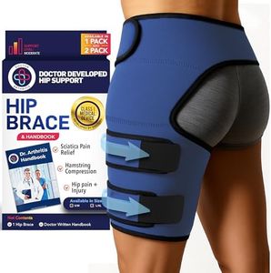 Dr. Arthritis Stabilizing Hip Brace for Men & Women, Thigh Compression Sleeve & Hip Support for Muscle Recovery, Hamstring Brace with Handbook, Sciatica Pain Relief Devices - Left Leg (S/M, Navy)