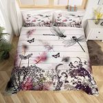 Wildflower Dragonfly Duvet Cover Butterfly Bedding Set Botanical Leaves Comforter Cover for Boys Girls Children Teens Bedroom Decor Nature Herbs Plants Bedspread Cover King Size With 2 Pillow Case