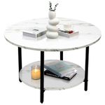 FAMIDGE Round Coffee Table, 27.5" Small Coffee Tables, 2-Tier Table with Faux Marble Top and Storage Shelf, Wood Center Table for Living Room, Home Office, Modern Outdoor Dining Table, Marble White