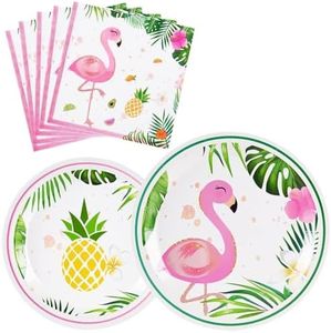 WERNNSAI Flamingo Party Supplies - Luau Disposable Summer Hawaiian Themed Tableware Set for Girl Kids Birthday Dinner Dessert Plates and Napkins Serves 16 Guests 48PCS