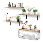 Homvvi Bathroom Shelves Wall Mounted Floating Shelf with Brackets and Wire Storage Basket Over Toilet (Set of 4+1), Rustic Scaffold Board Shelves for Bathroom, Kitchen, Bedroom,Living Room,Workshop