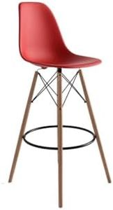 Inmod Molded Plastic Bar Stool with Wood Legs, Set of 2, Matte Red, Natural DSW Modern Barstools, Mid-century Molded Shell Armless Bar Stools