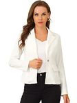 Allegra K Women's Notched Lapel Button Up Long Sleeve Washed Denim Blazer Jacket White Medium