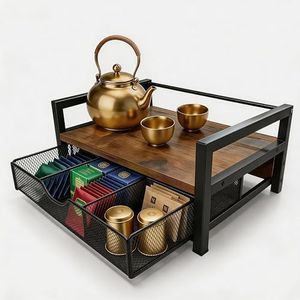 Sorzlis Tea Bag Organizer, Teabag Holder with Storage Drawer, 6 Compartments Multi-Functional Tea Station Chest, Countertop Suitable for kitchen offices