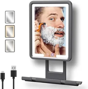Rocollos Fogless Shower Mirror for Shaving, 3 Color LED Lighting Dimmable, Anti-Fog Heating in Minutes, 360° Bathroom Shower Mirror with Rechargeable 5000mAh Battery, Large Storage Shelf-01