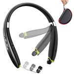 BEARTWO Bluetooth Headphones, Upgraded Foldable Wireless In Ear Neckband Headset with Retractable Earbuds, Noise Cancelling Stereo Earphones with Mic for Workout, Running, Driving (with Carry Case)