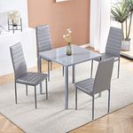 Modern Grey Glass Dining Table and Chairs Set of 4 for Small Kitchen, 5 Piece Grey Glass Tempered Squre Table and 4 Grey PU Leather Chairs for Small Dinette Apartment Space Saving