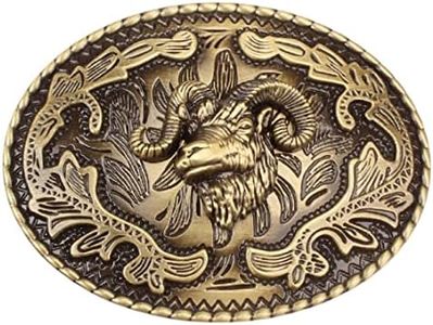 Longcreek Fibbia per cintura di capra per uomo, Fibbia per cintura con testa di pecora vichinga norrena, Fibbia per cintura ovale con teschio di capra d'oro, Fibbia per cintura da cowboy occidentale