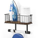 Ironing Board Hanger Wall Mount Ironing Board Holder Laundry Room Iron and Ironing Board Storage Organizer with Storage Basket and Metal Hooks for T-Leg and Y-Leg, Black