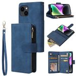 QLTYPRI Case for iPhone 14, Large Capacity Leather Wallet Case 6 Card Holder & 1 Zipper Pocket Kickstand Wrist Strap Magnetic Case for iPhone 14 - Blue