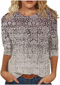 2025 3/4 Length Sleeve Womens Tops Crewneck Vintage Floral Print 3/4 Length Sleeve Womens Tops 2025 Boho Fashion Casual Loose Plus Size Shirts